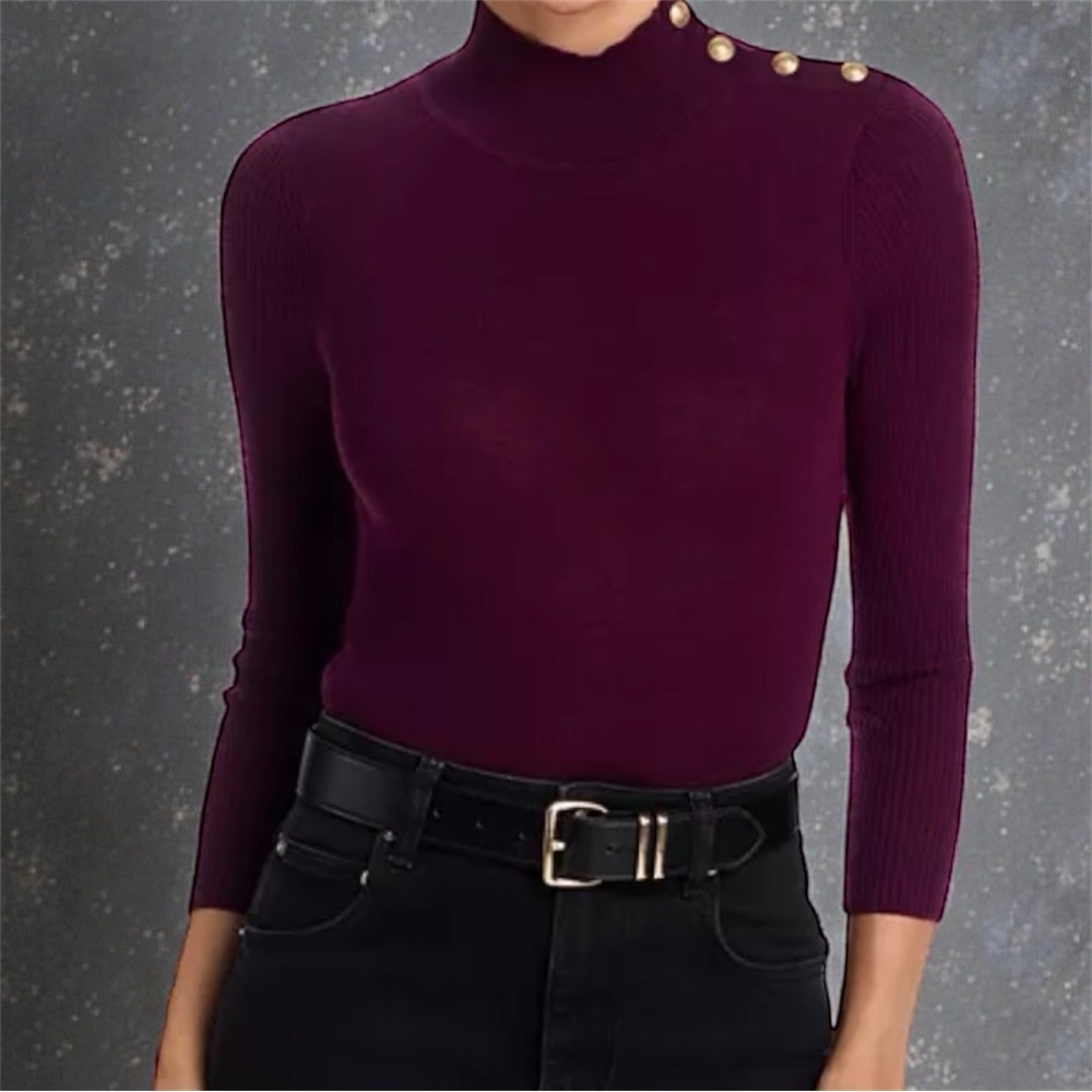 Calvin Klein Mock Neck Knit Sweater w/Gold-tone Button in Merlot NEW